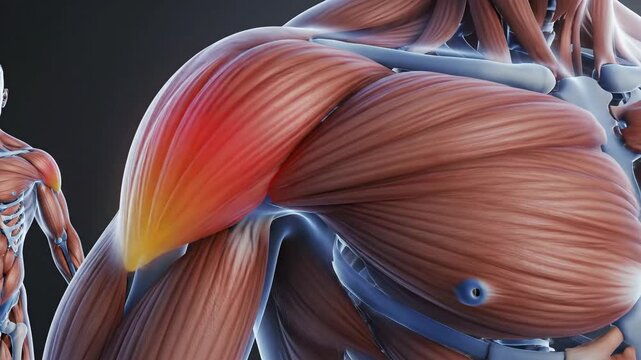 Anatomical illustration of human shoulder muscles and skeleton structure