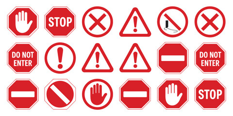 Stop sign warning sign prohibition sign red octagon circle triangle hand do not enter forbidden danger alert traffic sign road sign safety symbol icon graphic design illustration.