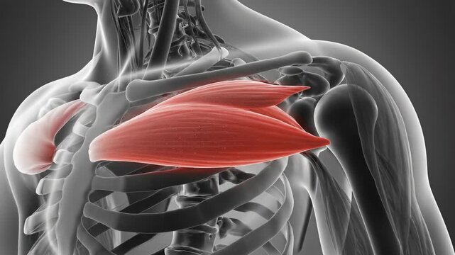 Anatomical illustration of human shoulder muscles and skeleton