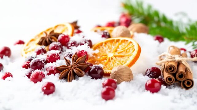 Christmas Spices and Fruits on Snow.
