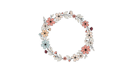 Obraz premium Beautiful and delicate circular floral wreath with hand-drawn flowers in soft pastel colors perfect for a wedding invitation card.