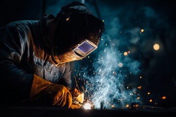 Welder using protective gear and working with sparks in a dark workshop during evening hours Generative AI