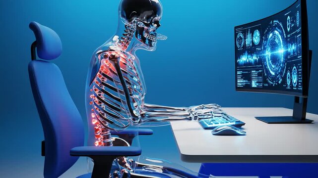Anatomical illustration of human skeleton sitting at computer desk
