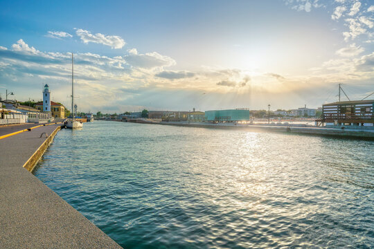 Cesenatico Harbor Canal with Lighthouse and Fishing Huts, Romagna