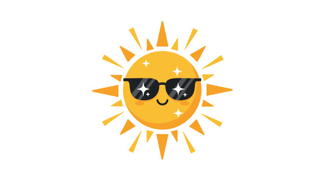 Cheerful and cool kawaii sun character wearing sparkling sunglasses with a big happy smile for a fun summer vacation illustration.