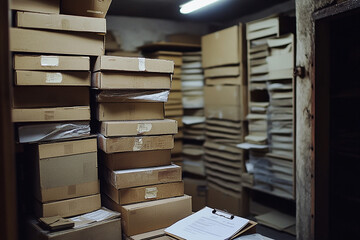 Stacks of labeled cardboard boxes fill a dim storage room with archived documents.