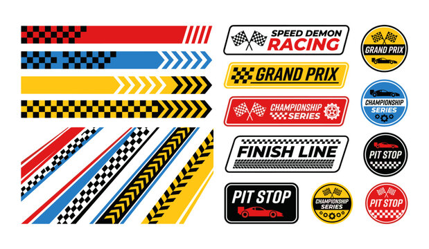 Racing elements set with checkered flags and stripes