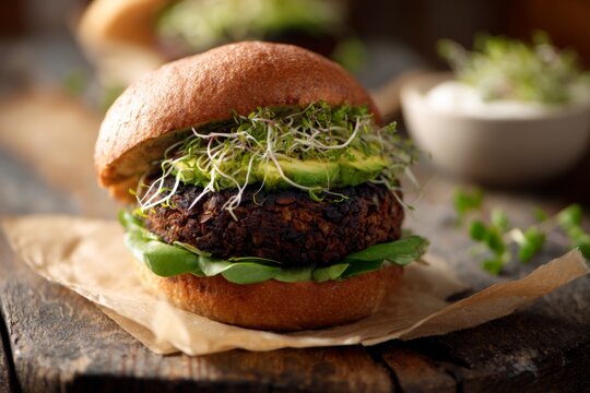 Vegan burger with black bean patty served on a wooden table with fresh greens and sprouts for a healthy meal option Generative AI