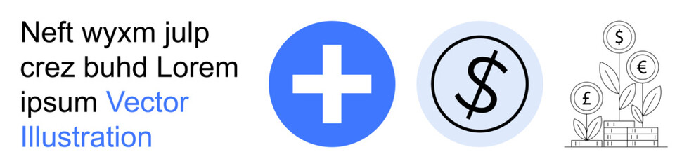 Fototapeta premium Healthcare funding, savings growth, medical expenses, financial investments, economic planning, monetary aid. Blue medical cross, dollar coin plant growing with currency. Healthcare funding