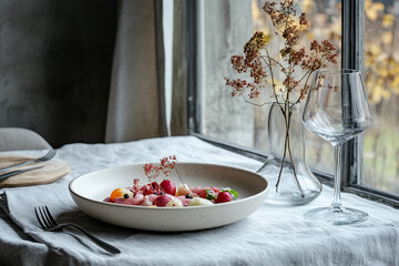minimalist meal on a table by the window