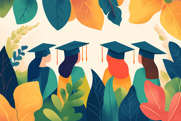 Illustrated group of graduates wearing caps, representing education and shared achievement.