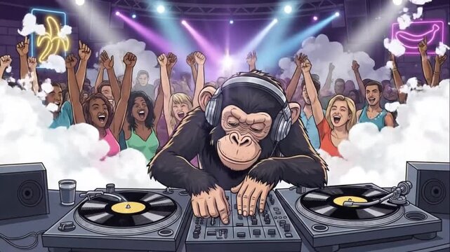 Cool Chimpanzee DJ Mixing Music in Nightclub Cartoon Illustration