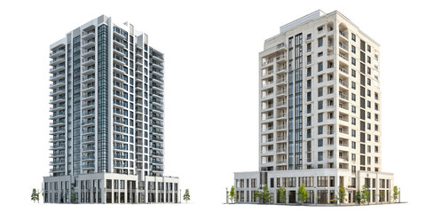 Two modern apartment towers, light gray facade, numerous windows