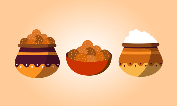 A vector illustration of three decorated pots and a bowl filled with traditional Indian sweets like ladoos and rice.