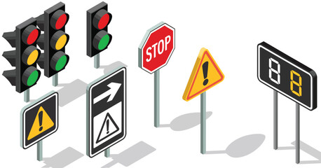 Traffic signal and road sign icon set, isometric vector illustration showing stop signs, pedestrian crossings, traffic lights, warning icons, and countdown timer designs for road safety and traffic 