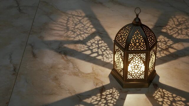 Intricate lantern casting ornate shadows on marble floor