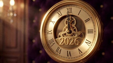 Luxury clock marking 2026 with Roman numerals and gears