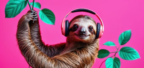 Obraz premium A smiling sloth wearing pink headphones hangs from a leafy branch against a vibrant pink background