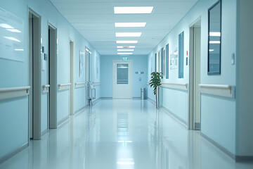 cool-toned medical corridor with handrails, doors, and a plant near the exit.