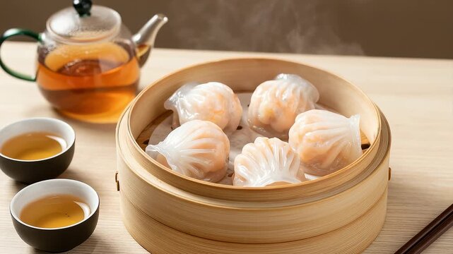 Steaming Hot Crystal Shrimp Dumplings in Bamboo Steamer