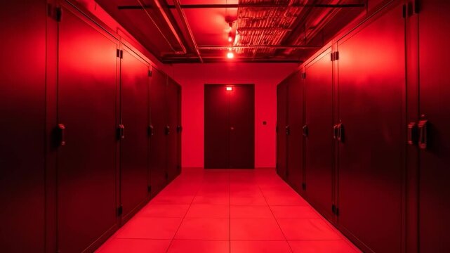 Dark Server Room Corridor with Red Lighting.