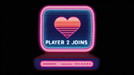 Digital love letters valentine concept with retro pixel heart and player two joins message on screen glowing in pink