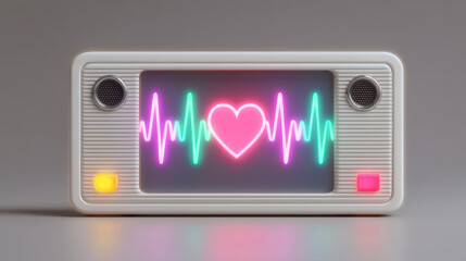Digital love concept with neon heart and letters on screen showing valentine heartbeat rhythm in retro style device