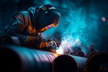 Welding water pipes in an industrial setting with sparks flying in the air Generative AI