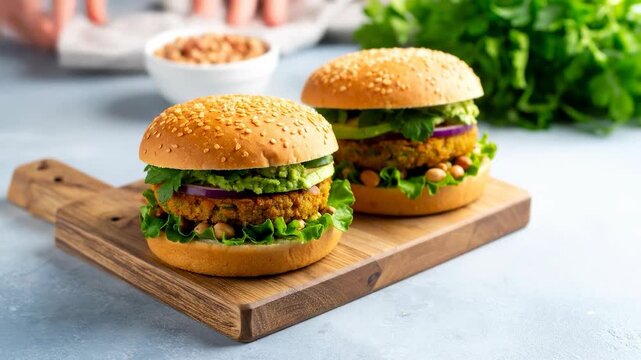 Delicious Burgers on Wooden Board.