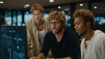 A diverse team collaborates enthusiastically, examining a cutting-edge electric vehicle prototype, with charts and digital displays showing performance data in a futuristic office space. cinematic