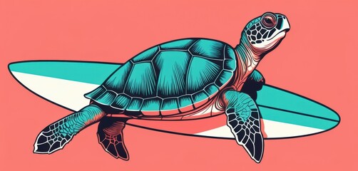Stylized sea turtle with a vibrant turquoise shell riding a light blue and white surfboard on a solid coral background
