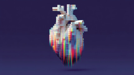 Digital heart made of colorful pixelated blocks with glitch effect showing love and valentine letters in modern style
