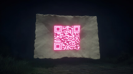 Digital glowing pink QR code on textured paper letter shines with love and valentine spirit in dark mysterious setting