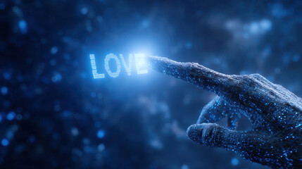 Digital love concept with glowing letters forming word love as robotic hand touches light in valentine themed futuristic scene