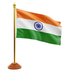 Indian flag on flagpole, isolated on transparent background