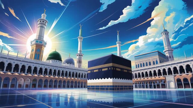 Majestic Islamic architecture with Kaaba and mosque under sunny blue sky