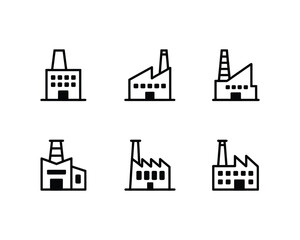 Six diverse factory building icons set in thin line style showing various industrial architectures including silos warehouses and manufacturing plants