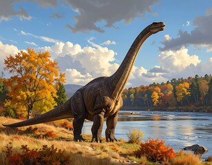 Fototapeta premium Majestic Brachiosaurus Roaming by the River in Autumn Landscape.