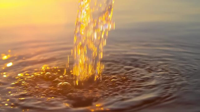 Bright water bursts forth and creates ripples across the surface in a beautiful golden hue. The water and ripples reflect the warm colors from the setting sun in the scene.