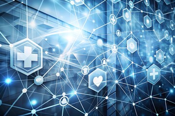 Digital healthcare network illustration with interconnected nodes, medical icons and modern architecture, symbolizing telemedicine, data flow and smart health systems