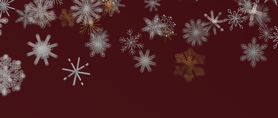Fototapeta premium Abstract winter background with snowflakes. Festive design for Christmas. Burgundy backdrop. White and gold sn