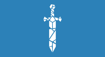 Stylized, fractured white sword on a solid blue background