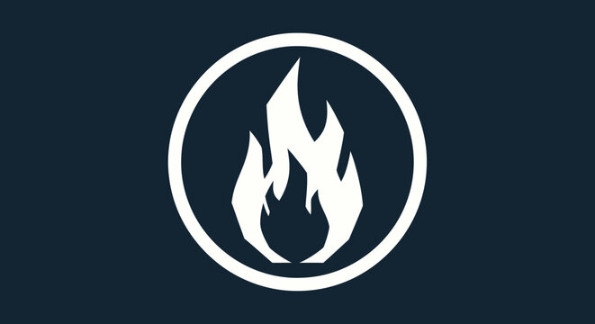 White stylized flames in circle on navy