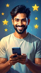 Man Smiling While Using Smartphone with Starry Background.