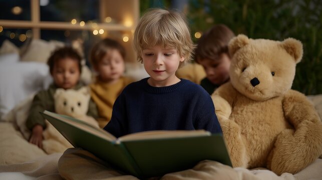 A diverse group of children enjoying story time in a cozy pediatric playroom, surrounded by plush toys and vibrant books, fostering a love for reading and social interaction. cinematic color