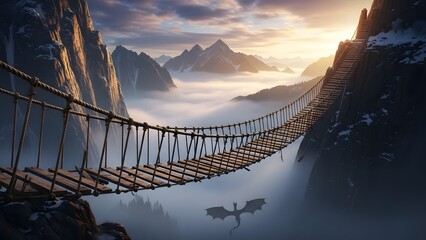 A fantasy landscape featuring a rope bridge over a misty mountain valley with a dragon flying below at sunrise.