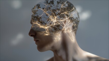 A human head silhouette double-exposed with a glowing neural network slowly morphing into tree branches, symbolizing sustainable intelligence and conscious innovation. cinematic color correction,