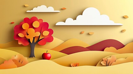 Paper craft illustration of a peaceful rural scene with bold autumn colors, a vibrant red apple beneath a tree, and patchwork-style mountains under a golden sky filled with floating clouds.