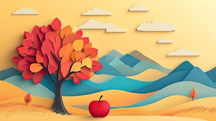 Paper craft illustration of a peaceful rural scene with bold autumn colors, a vibrant red apple beneath a tree, and patchwork-style mountains under a golden sky filled with floating clouds.