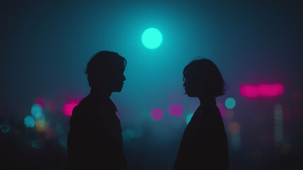 Fototapeta premium 都市の夜、ネオンの霧と満月逆光の中で寄り添う日本人男女のシルエット
